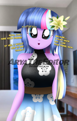 Size: 1142x1800 | Tagged: safe, artist:aryatheeditor, imported from derpibooru, oc, oc:nightfall sparkle, equestria girls, bare shoulders, beautiful, clothes, cute, daughter, digital art, dress, female, flower, flower in hair, hotel, outfit, purple hair, real life background, sleeveless, sleeveless dress, sleeveless turtleneck, smiling, text