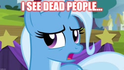 Size: 1280x720 | Tagged: safe, edit, edited screencap, imported from derpibooru, screencap, trixie, pony, unicorn, no second prances, season 6, female, frown, mare, open mouth, solo, text, the sixth sense