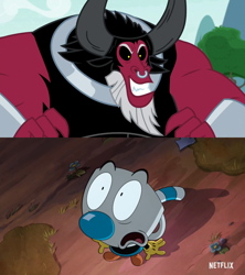 Size: 1920x2160 | Tagged: safe, edit, edited screencap, imported from derpibooru, screencap, lord tirek, centaur, taur, the ending of the end, comparison, cuphead, evil grin, grin, mugman, netflix, scared, shrunken pupils, smiling, the cuphead show