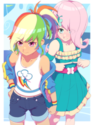 Size: 1200x1600 | Tagged: safe, artist:rockset, imported from ponybooru, fluttershy, rainbow dash, human, equestria girls, clothes, denim shorts, dress, duo, female, hair over one eye, hand on hip, humanized, jacket, shorts, tan lines, tanktop