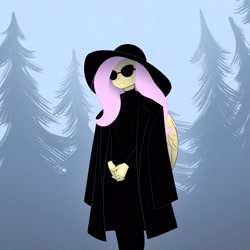 Size: 2048x2048 | Tagged: safe, artist:katputze, imported from derpibooru, fluttershy, anthro, pegasus, clothes, coat, female, forest, hands together, hat, mare, solo, sunglasses