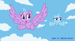 Size: 953x526 | Tagged: safe, artist:pastel-pocky, imported from derpibooru, rainbow dash, twilight sparkle, alicorn, pegasus, pony, the cutie re-mark, bald, base, cloud, female, filly, flying, foal, sky, twilight sparkle (alicorn)