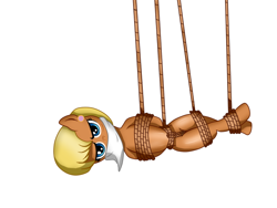 Size: 720x540 | Tagged: safe, artist:stepcorbin, imported from derpibooru, ms. harshwhinny, earth pony, pony, bondage, bound and gagged, cloth gag, gag, glare, hang in there, hanging, looking at you, over the nose gag, rope, rope bondage, simple background, solo, suspended, suspension bondage, tied up, white background