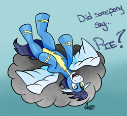 Size: 1280x1175 | Tagged: safe, artist:whirlwindflux, imported from derpibooru, soarin', pegasus, pony, clothes, cloud, dialogue, male, pie, solo, stallion, that pony sure does love pies, uniform, wonderbolts, wonderbolts uniform