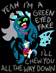 Size: 720x937 | Tagged: safe, artist:texasuberalles, imported from derpibooru, queen chrysalis, shining armor, changeling, changeling queen, pony, unicorn, black background, canterlot wedding 10th anniversary, cats millionaire, clothes, duo, duo male and female, fangs, female, flower, green eyes, hoof hold, hypnosis, hypnotized, insect wings, lineless, lyrics, male, open mouth, open smile, simple background, smiling, spread wings, stallion, text, tongue out, uniform, unshorn fetlocks, wedding veil, wings