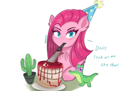 Size: 2048x1536 | Tagged: safe, artist:namieart, imported from derpibooru, gummy, pinkie pie, earth pony, pony, blood, cactus, chest fluff, hat, knife, looking at you, mouth hold, party hat, pinkamena diane pie, simple background, talking to viewer, white background