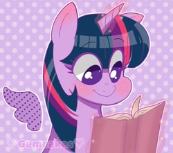 Size: 1280x1132 | Tagged: safe, artist:gemcakess, imported from derpibooru, twilight sparkle, alicorn, pony, blushing, book, bust, cute, female, floating wings, glowing, glowing horn, horn, magic, mare, polka dot background, portrait, reading, signature, smiling, solo, telekinesis, twiabetes, twilight sparkle (alicorn), wings