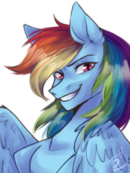 Size: 1200x1600 | Tagged: safe, artist:bulkaaoga, imported from derpibooru, rainbow dash, pegasus, pony, bust, female, grin, mare, portrait, signature, simple background, smiling, solo, white background