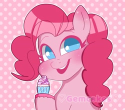 Size: 1280x1128 | Tagged: safe, artist:gemcakess, imported from derpibooru, pinkie pie, earth pony, pony, bust, cupcake, cute, diapinkes, female, food, mare, polka dot background, portrait, signature, smiling, solo