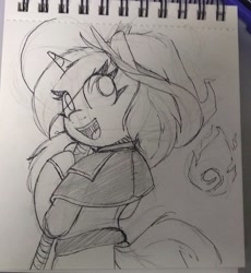 Size: 1836x1992 | Tagged: safe, artist:lockheart, imported from derpibooru, oc, oc only, semi-anthro, unicorn, female, grayscale, hat, looking back, mare, monochrome, open mouth, open smile, smiling, solo, staff, traditional art, wizard hat