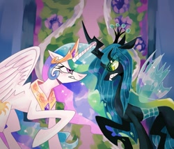 Size: 1115x956 | Tagged: safe, artist:griffingade, imported from derpibooru, princess celestia, queen chrysalis, alicorn, changeling, changeling queen, pony, a canterlot wedding, angry, crossed horns, duo, female, gritted teeth, horn, horns are touching, mare, scene interpretation, scowl, teeth