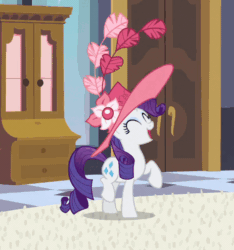 Size: 463x494 | Tagged: safe, edit, edited screencap, imported from derpibooru, screencap, rarity, pony, unicorn, season 2, sweet and elite, animated, cute, eyes closed, female, giant hat, gif, happy, hat, horses doing horse things, mare, rarara, raribetes, solo, trotting, trotting in place