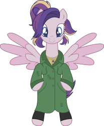 Size: 809x976 | Tagged: safe, alternate version, artist:westrail642fan, imported from derpibooru, oc, oc only, oc:shooting star (r&f), pegasus, pony, rise and fall, anastasia, anastasia nikolaevna romanova, bipedal, clothes, coat, colored wings, don bluth, parent:oc:david wyne, parent:princess cadance, parents:canon x oc, ponytail, simple background, spread wings, transparent background, two toned wings, westrail642fan's cadance template, wings
