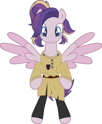 Size: 809x976 | Tagged: safe, alternate version, artist:westrail642fan, imported from derpibooru, oc, oc only, oc:shooting star (r&f), pegasus, pony, rise and fall, anastasia, anastasia nikolaevna romanova, belt, bipedal, clothes, colored wings, don bluth, pants, parent:oc:david wyne, parent:princess cadance, parents:canon x oc, ponytail, shirt, simple background, spread wings, transparent background, two toned wings, westrail642fan's cadance template, wings