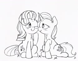 Size: 2568x2026 | Tagged: safe, artist:twiliset, imported from derpibooru, starlight glimmer, trixie, pony, unicorn, blushing, cheek kiss, chest fluff, cute, duo, female, grass, heart, kissing, lesbian, looking at each other, love, pencil drawing, shipping, simple background, smiling, smiling at each other, startrix, traditional art