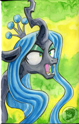 Size: 4336x6786 | Tagged: safe, artist:invalid-david, imported from derpibooru, queen chrysalis, changeling, changeling queen, abstract background, canterlot wedding 10th anniversary, female, scene interpretation, sketchbook, solo, traditional art, watercolor painting
