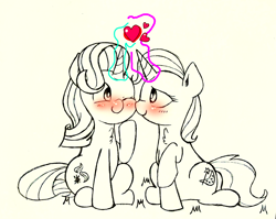 Size: 1200x954 | Tagged: safe, artist:twiliset, imported from derpibooru, starlight glimmer, trixie, pony, unicorn, blushing, cheek kiss, cute, duo, female, flushed face, grass, happy, kissing, lesbian, looking at each other, shipping, simple background, smiling, smiling at each other, startrix