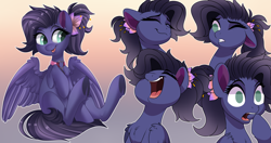 Size: 3800x2000 | Tagged: safe, artist:xvostik, imported from derpibooru, oc, oc only, oc:kennel nightshade, pegasus, pony, chest fluff, collar, eyebrows, female, flower, flower in hair, gradient background, laughing, mare, no pupils, solo, tongue out