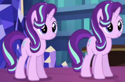 Size: 714x467 | Tagged: safe, imported from derpibooru, screencap, starlight glimmer, pony, unicorn, every little thing she does, season 6, clone, cropped, duality, duplication, female, library, mare, similo duplexis, smiling, twilight's castle, twilight's castle library