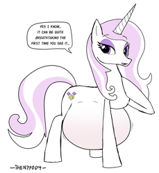 Size: 2487x2721 | Tagged: safe, artist:thenypod4, imported from derpibooru, fleur-de-lis, pony, unicorn, belly, big belly, dialogue, female, fleurtility, hoof on chest, horn, huge belly, impossibly large belly, mare, pregnant, simple background, solo, white background