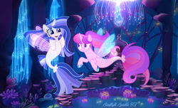 Size: 823x500 | Tagged: safe, artist:gloriaartist, imported from derpibooru, oc, oc only, oc:coral sparkle, oc:starflight sparkle, alicorn, jellyfish, seapony (g4), base used, blue eyes, clothes, coral, duo, female, fins, fish tail, flowing mane, flowing tail, mare, ocean, pink mane, seaponified, seaquestria, see-through, smiling, species swap, swimming, tail, throne, throne room, underwater, water, wings