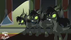 Size: 2001x1125 | Tagged: safe, artist:shawn keller, imported from derpibooru, pony, angry, antlers, cute, cute when angry, folded wings, green, green sclera, gritted teeth, group, growling, guardians of pondonia, male, margarita paranormal, multiple characters, stallion, standing, teeth, the three kingdoms, the weirdlings, weirdling, wings