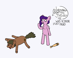 Size: 2000x1600 | Tagged: safe, artist:potatoconnoisseur, derpibooru exclusive, imported from derpibooru, pipp petals, oc, oc:smelly bigshit, earth pony, pegasus, pony, barbed wire, baseball bat, bipedal, chest fluff, dead, duo, female, g5, male, mare, my little pony: a new generation, pippamena, simple background, stallion, x eyes