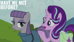 Size: 1280x720 | Tagged: safe, edit, edited screencap, editor:quoterific, imported from derpibooru, screencap, maud pie, starlight glimmer, earth pony, pony, unicorn, rock solid friendship, season 7, bag, duo, female, mare, open mouth, saddle bag, text