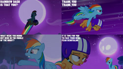 Size: 1280x720 | Tagged: safe, edit, edited screencap, editor:quoterific, imported from derpibooru, screencap, rainbow dash, scootaloo, pegasus, pony, season 3, sleepless in ponyville, crying, duo, eyes closed, female, filly, flying, foal, helmet, implied princess luna, mare, moon, night, open mouth, smiling, spread wings, text, wings