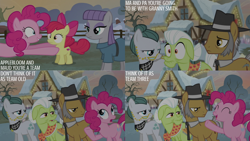 Size: 1280x720 | Tagged: safe, edit, edited screencap, editor:quoterific, imported from derpibooru, screencap, apple bloom, cloudy quartz, granny smith, igneous rock pie, maud pie, pinkie pie, earth pony, pony, hearthbreakers, season 5, 4 panel comic, ^^, apple bloom's bow, bow, comic, cute, diapinkes, eyes closed, female, filly, foal, hair bow, male, mare, open mouth, open smile, smiling, snow, stallion, text