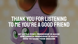 Size: 1280x720 | Tagged: safe, edit, editor:quoterific, idw, imported from derpibooru, spike, twilight sparkle, dragon, pony, unicorn, baby, baby dragon, duo, female, how to raise your dragon, male, mare, open mouth, open smile, smiling, sunglasses, text, unicorn twilight