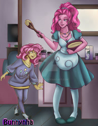 Size: 1024x1317 | Tagged: safe, artist:bunnynha, imported from derpibooru, li'l cheese, pinkie pie, human, the last problem, batter, bowl, clothes, cutie mark on clothes, daughter, deviantart watermark, dress, duo, female, food, humanized, mother and child, mother and daughter, obtrusive watermark, pajamas, pinkie pie's cutie mark, pony coloring, rule 63, stocking feet, watermark, wooden spoon