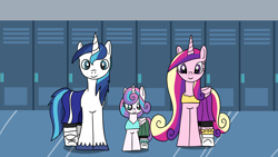 Size: 1920x1080 | Tagged: safe, artist:platinumdrop, imported from derpibooru, princess cadance, princess flurry heart, shining armor, alicorn, pony, unicorn, clothes, family, father and child, father and daughter, female, locker room, lockers, male, missing accessory, mother and child, mother and daughter, older, request, trio