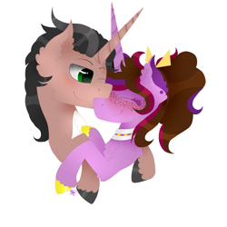 Size: 5120x5120 | Tagged: safe, artist:kathepart, imported from derpibooru, oc, oc only, oc:beryl scorn, oc:kathepaint, pony, unicorn, bun hairstyle, bust, collar, couple, duo, green eyes, portrait, simple background, white background