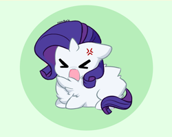 Size: 5336x4276 | Tagged: safe, artist:kittyrosie, imported from derpibooru, rarity, pony, unicorn, >.<, ><, abstract background, adorable distress, angry, behaving like a cat, chest fluff, chibi, cross-popping veins, cute, excessive fluff, eyes closed, fluffy, lying, madorable, open mouth, ponyloaf, prone, rarara, raribetes, simple background, solo