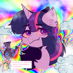 Size: 2000x2000 | Tagged: safe, artist:quinnai, imported from derpibooru, fluttershy, twilight sparkle, pony, unicorn, anime style, big eyes, bisexual pride flag, bong, chest fluff, cloud, cloudy, drugs, ear fluff, eyebrows, eyebrows visible through hair, fangs, female, female focus, fluffy, flutterhigh, high, high res, highlight sparkle, highlights, lesbian, marijuana, more than friends, pride, pride flag, rainbow, red eyes, shiny eyes, shipping, smoke, smoking, solo focus, stoned, stoner, tripping, twishy