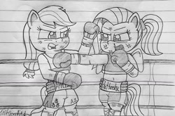 Size: 1280x845 | Tagged: safe, artist:ct1443ae, imported from derpibooru, applejack, fluttershy, earth pony, pegasus, semi-anthro, badass, boxing, boxing gloves, boxing ring, duo, flutterbadass, g4.5, lined paper, mouth guard, pencil drawing, punch, sports, traditional art