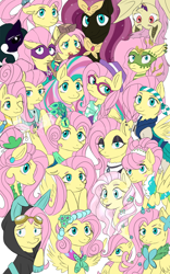 Size: 1000x1600 | Tagged: safe, artist:sphexvirart, imported from derpibooru, fluttershy, saddle rager, bat pony, breezie, crystal pony, pegasus, pony, alternate hairstyle, alternate timeline, apocalypse fluttershy, bat ponified, breeziefied, bunny ears, chrysalis resistance timeline, clothes, costume, crystal war timeline, crystallized, dangerous mission outfit, dress, female, filly, filly fluttershy, flower, flower in hair, flutterbat, flutterbreez, fluttergoth, gala dress, glasses, goggles, hipstershy, hoodie, mare, multeity, nightmare fluttershy, nightmarified, older, older fluttershy, opposite fluttershy, pirate, pirate fluttershy, power ponies, race swap, rainbow power, severeshy, so much flutter, species swap, tribal, tribalshy, wall of tags, younger