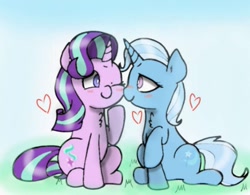 Size: 983x768 | Tagged: safe, artist:twiliset, imported from derpibooru, starlight glimmer, trixie, pony, unicorn, blushing, cheek kiss, duo, female, flushed face, grass, grass field, happy, heart, kissing, lesbian, looking at each other, looking at someone, one eye closed, shipping, sky, startrix