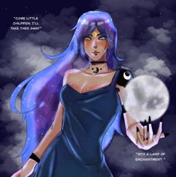 Size: 1440x1449 | Tagged: safe, artist:loona01, imported from derpibooru, princess luna, human, children of the night, breasts, cleavage, female, humanized, moon, solo, text