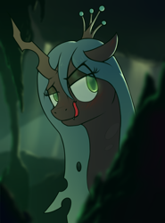 Size: 1849x2498 | Tagged: safe, artist:toanderic, imported from derpibooru, queen chrysalis, changeling, changeling queen, blushing, bust, canterlot wedding 10th anniversary, cave, cavern, crown, female, jewelry, looking at you, mlem, portrait, regalia, silly, solo, tongue out