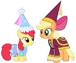 Size: 720x602 | Tagged: safe, artist:darlycatmake, imported from derpibooru, apple bloom, applejack, earth pony, pony, for whom the sweetie belle toils, look before you sleep, accessory, accessory swap, apple bloom's bow, bow, clothes, clothes swap, dress, dressup, duo, female, filly, foal, froufrou glittery lacy outfit, hair bow, happy, hat, hennin, looking at each other, looking at someone, mare, princess, princess apple bloom, princess applejack, princess costume, sibling bonding, siblings, simple background, sisters, smiling, smiling at each other, together, transparent background