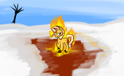 Size: 1280x788 | Tagged: safe, artist:horsesplease, imported from derpibooru, sunset shimmer, pony, unicorn, equestria girls, fiery shimmer, fire, ice, melting, snow, solo, walking campfire, winter