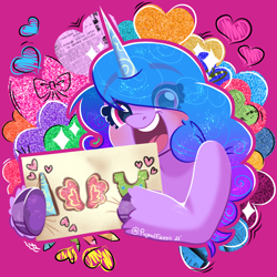 Size: 1280x1280 | Tagged: safe, artist:puyohh, imported from derpibooru, izzy moonbow, pony, unicorn, blue, blue mane, blushing, cute, earth pony crystal, eyebrows, eyelashes, eyes open, fanart, g5, happy, heart, horn, izzybetes, love, magenta background, magenta eyes, my little pony, my little pony: a new generation, open mouth, open smile, pegasus crystal, pink, purple coat, red, ribbon, smiling, solo, sparkles, teeth, tongue out, unicorn crystal, unshorn fetlocks, yellow