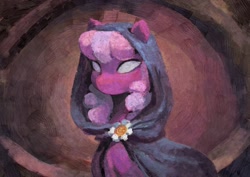 Size: 2480x1754 | Tagged: safe, artist:orchidpony, imported from derpibooru, cheerilee, earth pony, pony, blank eyes, cloak, clothes, hood, no pupils, solo