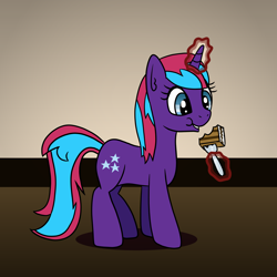 Size: 2048x2048 | Tagged: safe, artist:platinumdrop, imported from derpibooru, oc, oc only, oc:nara, unicorn, cake, eating, female, food, magic, mare, request, solo, telekinesis