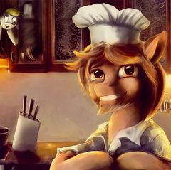 Size: 240x239 | Tagged: safe, artist:stdeadra, imported from derpibooru, derpy hooves, oc, earth pony, pegasus, pony, clothes, cook, duo, hat, kitchen, kitchen knife, knife, oblomoff, ponified, solo focus