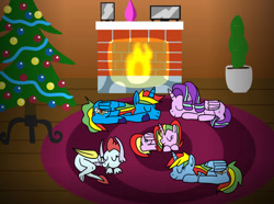 Size: 1036x772 | Tagged: safe, artist:platinumdrop, imported from derpibooru, starlight glimmer, oc, oc:royal strength, oc:shield wing, oc:skyress, oc:starling shield, alicorn, dragon, pony, alicornified, christmas, christmas tree, fire, fireplace, holiday, race swap, request, sleeping, starlicorn, tree