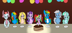 Size: 1280x589 | Tagged: safe, artist:platinumdrop, imported from derpibooru, starlight glimmer, oc, oc:heart angel, oc:hyper storm, oc:msalliecat, oc:royal strength, oc:shield wing, oc:skyress, oc:starling shield, alicorn, dragon, pony, alicornified, birthday, cake, food, multiple characters, plate, race swap, request, starlicorn