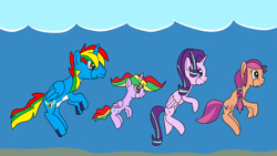 Size: 1280x720 | Tagged: safe, artist:platinumdrop, imported from derpibooru, starlight glimmer, sunny starscout, oc, oc:shield wing, oc:starling shield, alicorn, earth pony, pony, alicornified, canon x oc, diving, female, g5, male, parents:canon x oc, race swap, request, starlicorn, straight, swimming, underwater